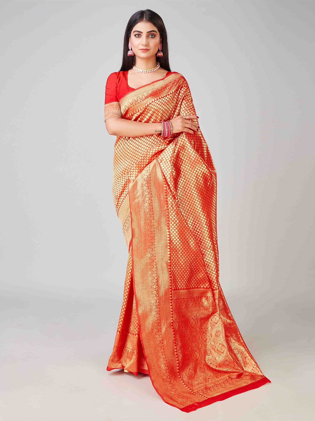 

KALINI Ethnic Motifs Woven Design Kanjeevaram Saree, Red