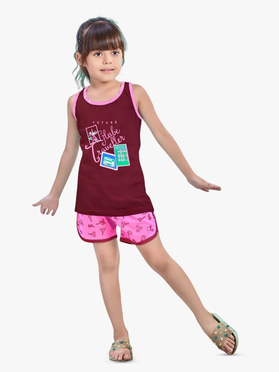 

BAESD Girls Printed Pure Cotton T-shirt with Shorts, Maroon
