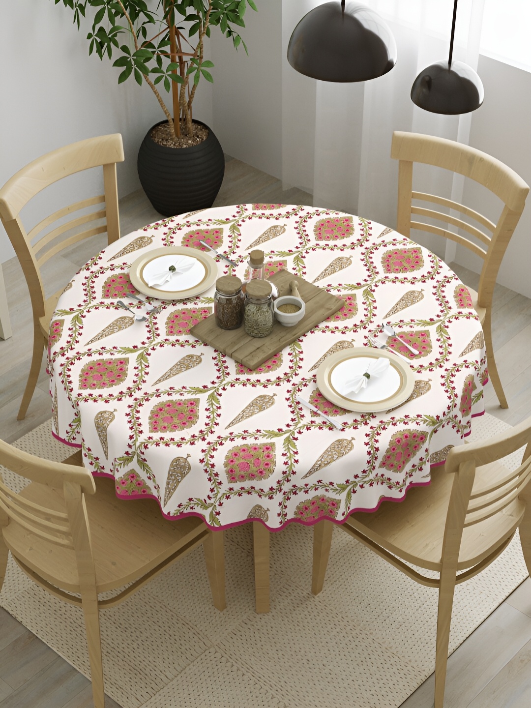 

Clasiko Pink & White 4 Seater Ethnic Motifs Cotton Round Table Cover