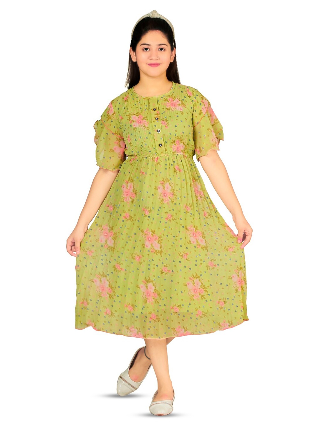 

BAESD Girls Floral Printed Puff Sleeve Chiffon Fit & Flare Midi Dress, Olive