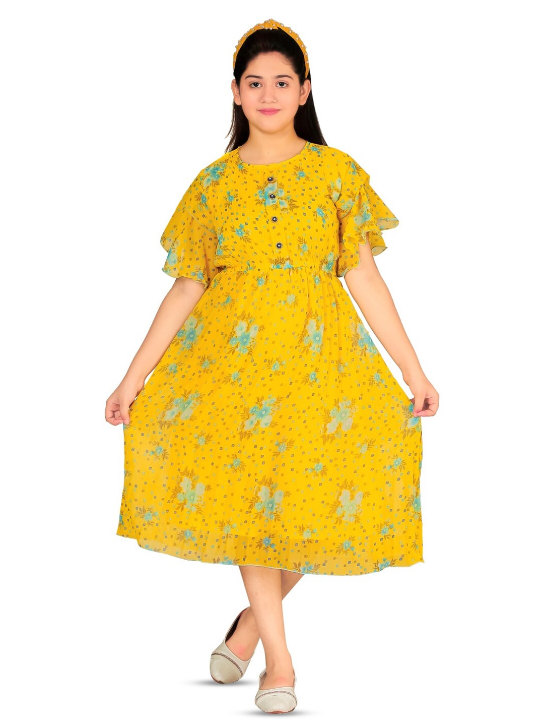 

BAESD Girls Floral Print Flutter Sleeve Fit & Flare Midi Dress, Yellow