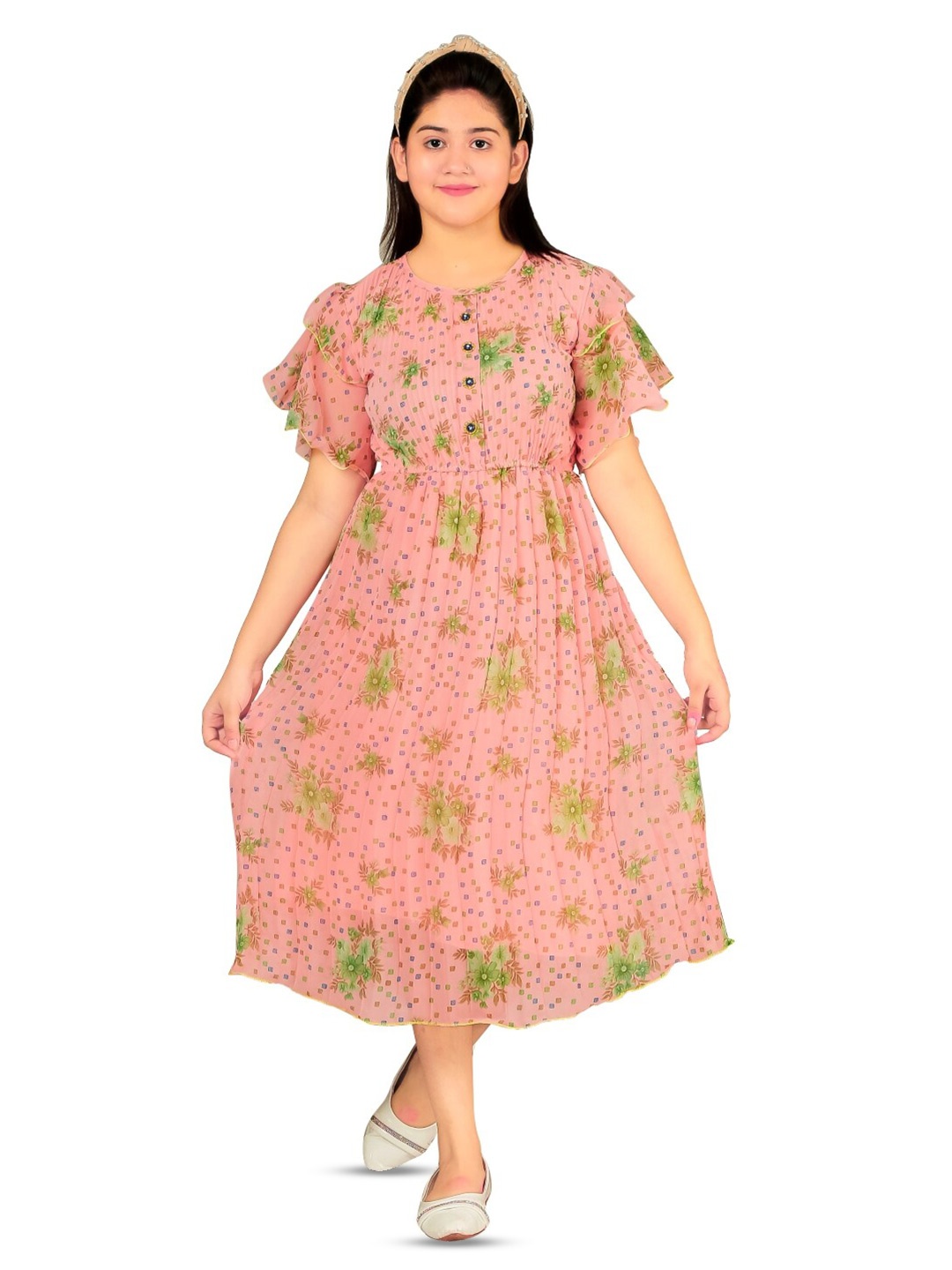 

BAESD Girls Floral Print Flutter Sleeve Chiffon Fit & Flare Midi Dress, Pink