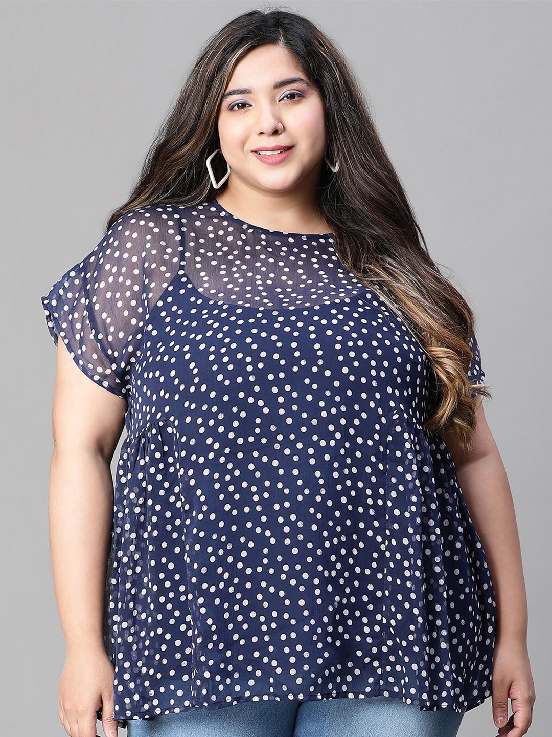 

Oxolloxo Polka Dot Printed Extended Sleeves Top, Navy blue