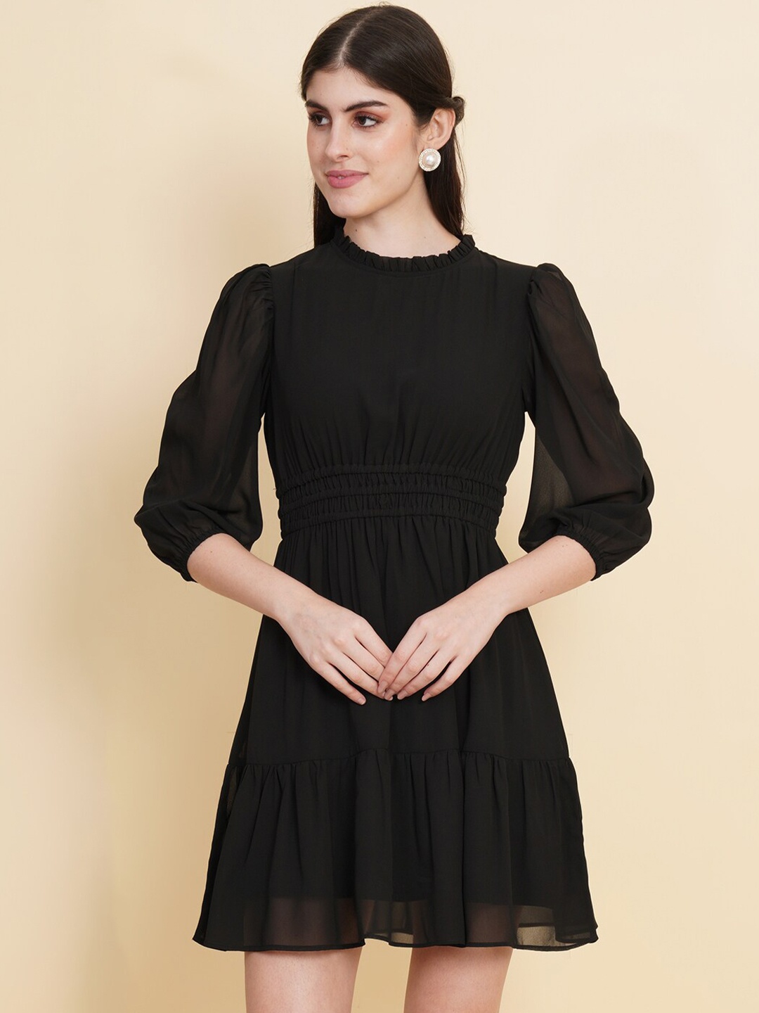

RAASSIO High Neck Puff Sleeve Fit & Flare Mini Dress, Black