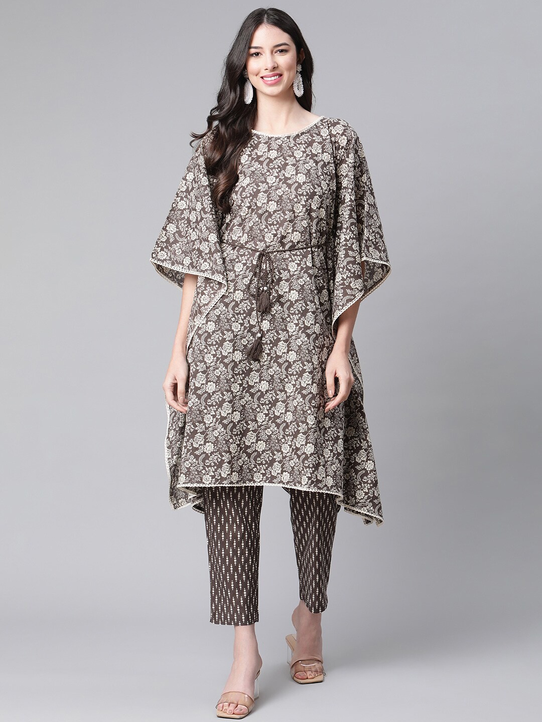 

Indibelle Coffee Brown Floral Printed Pure Cotton Kaftan Kurta with Trousers