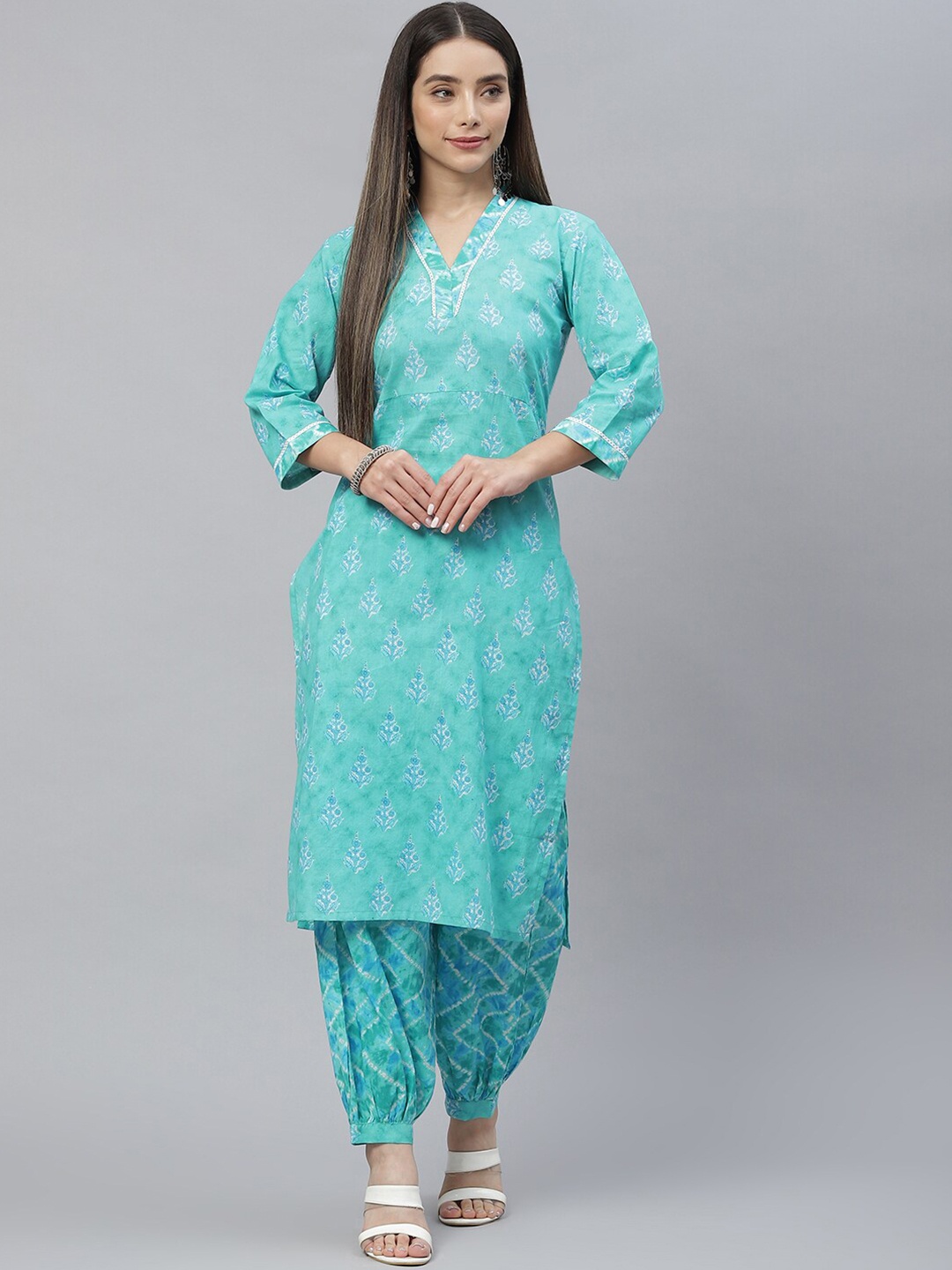 

Indibelle Floral Printed V Neck Regular Pure Cotton Straight Kurta with Trouser, Teal