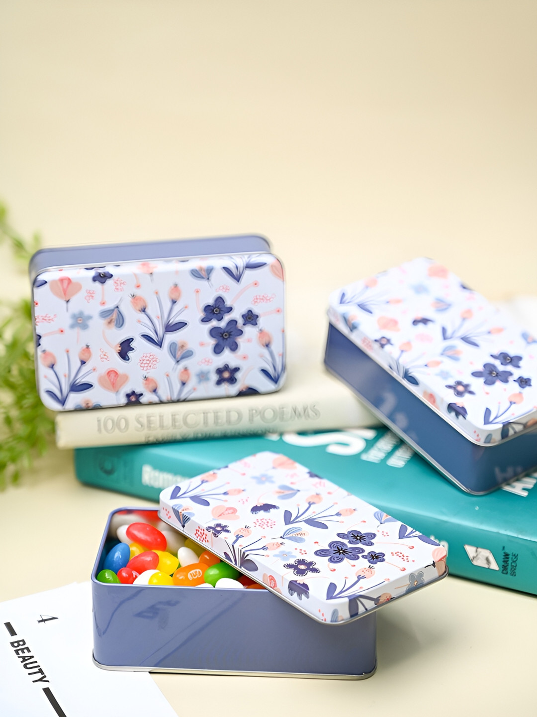 

MARKET99 White & Purple 3 Pieces Printed Metal Food Container