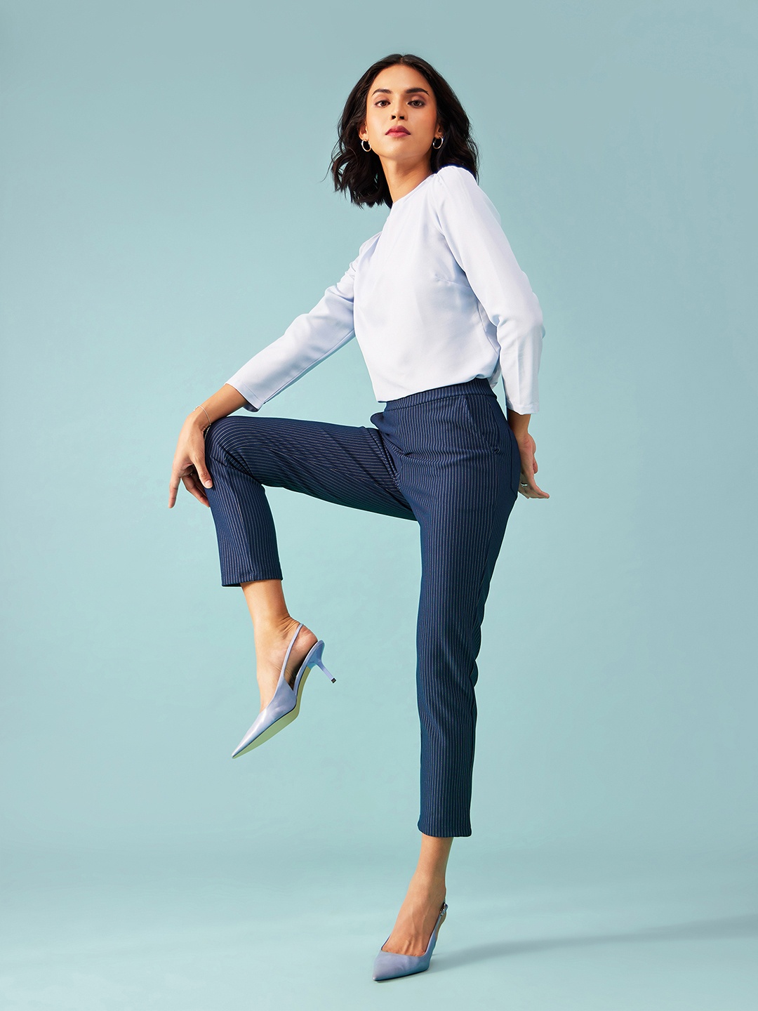 

FableStreet Navy Blue Livin Striped Straight Fit Chinos Trousers