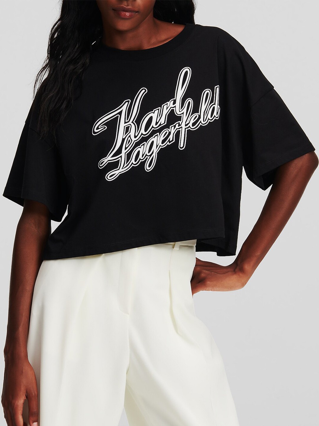 

Karl Lagerfeld Typography Printed Cotton Crop T-Shirt, Black
