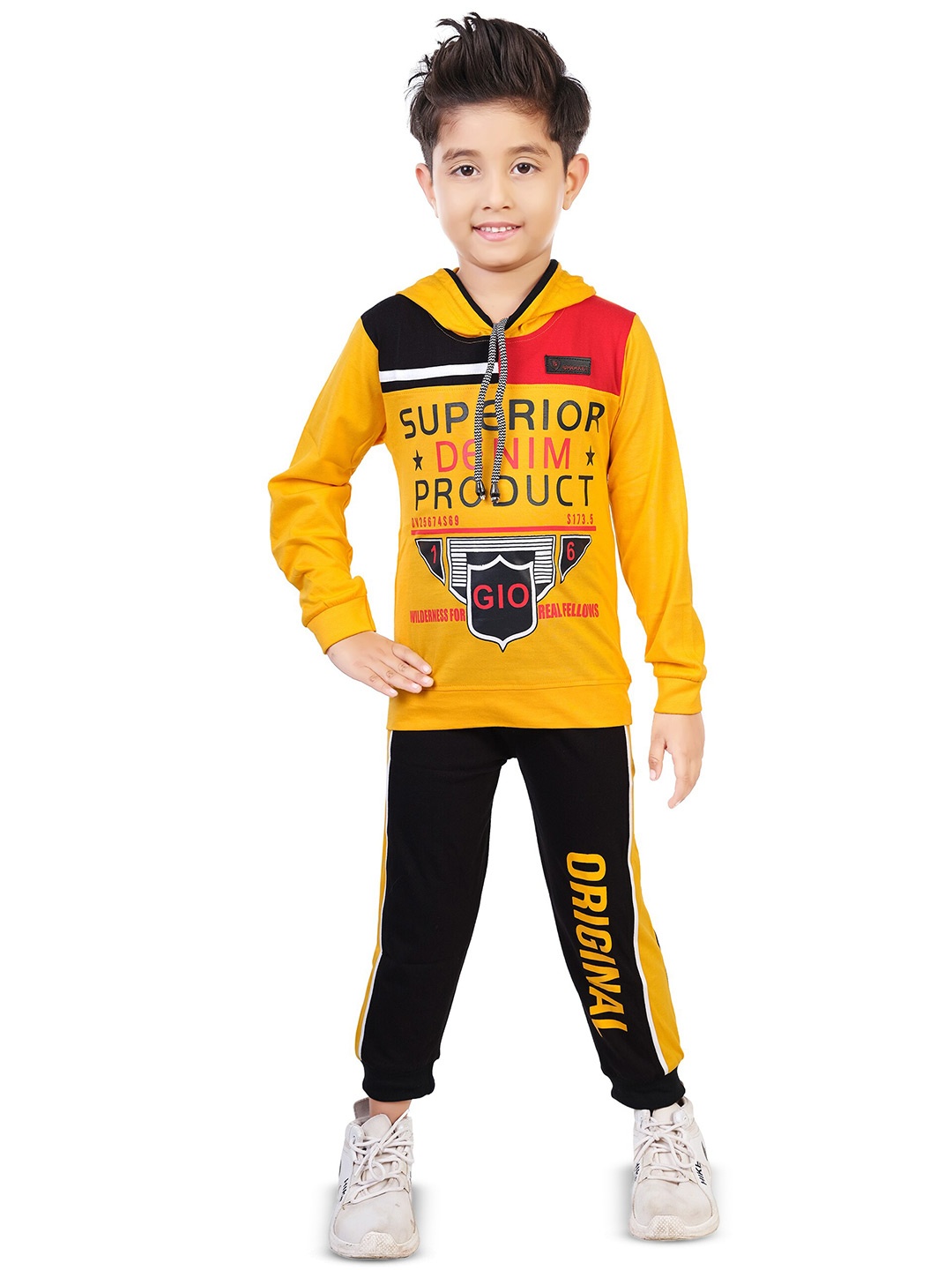 

CELEBRITY CLUB Boys Printed Hooded T-shirt with Trousers, Yellow