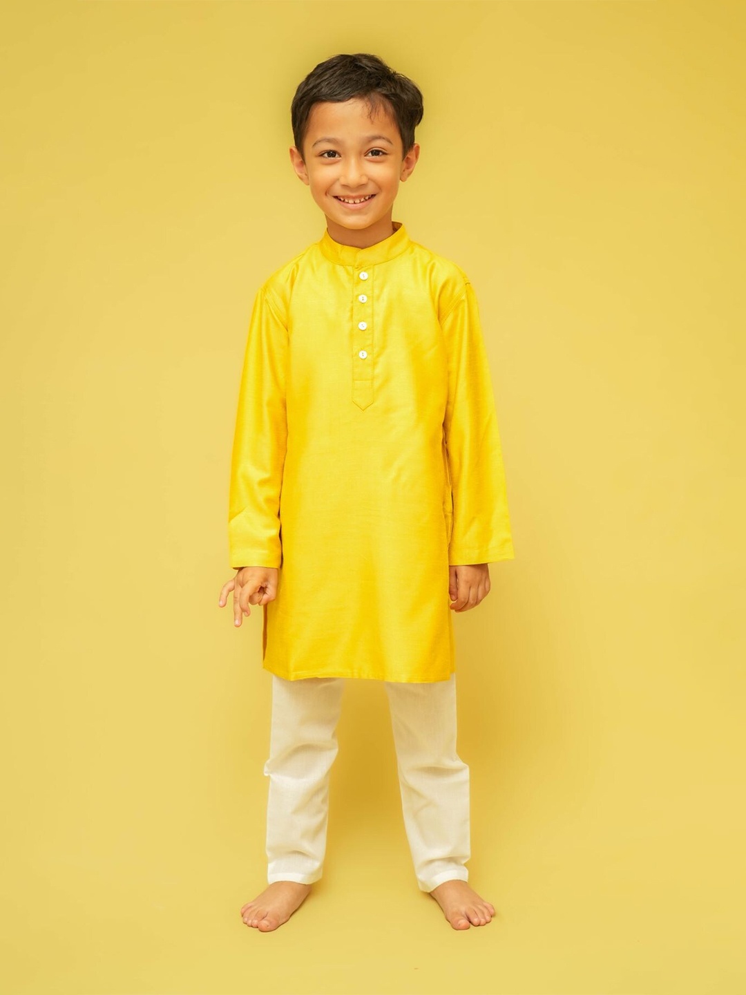 

Klephant Boys Mandarin Collar Straight Silk Kurta, Yellow