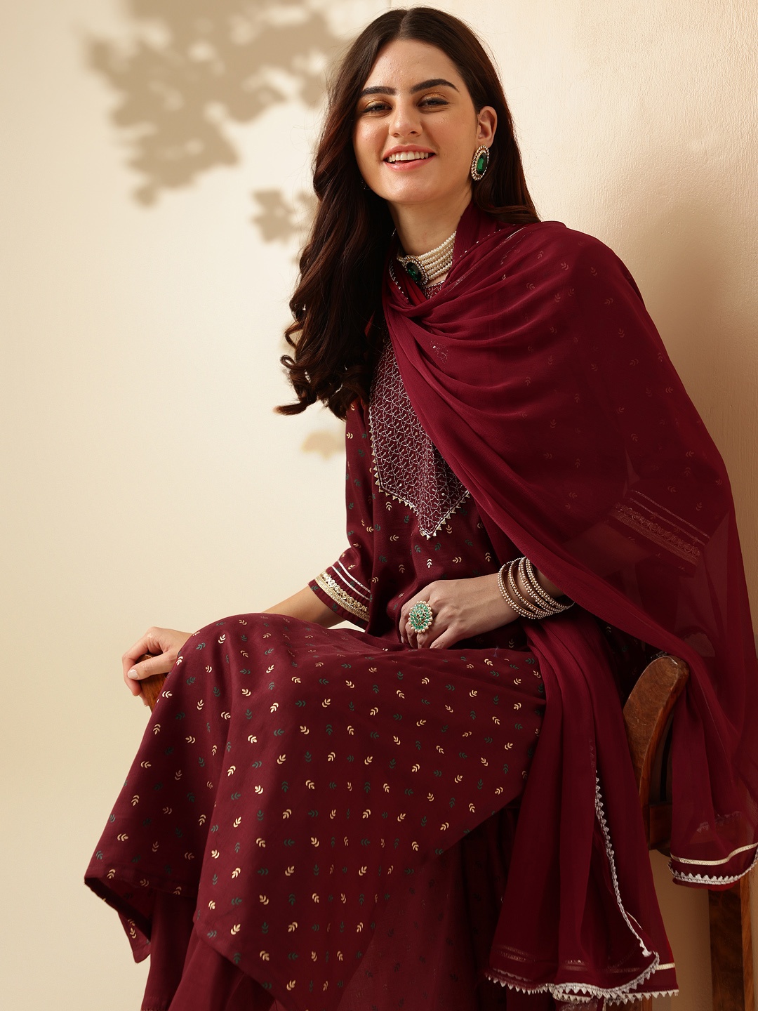 

Anouk Maroon Floral Printed Sequinned Kurta with Trousers & Dupatta