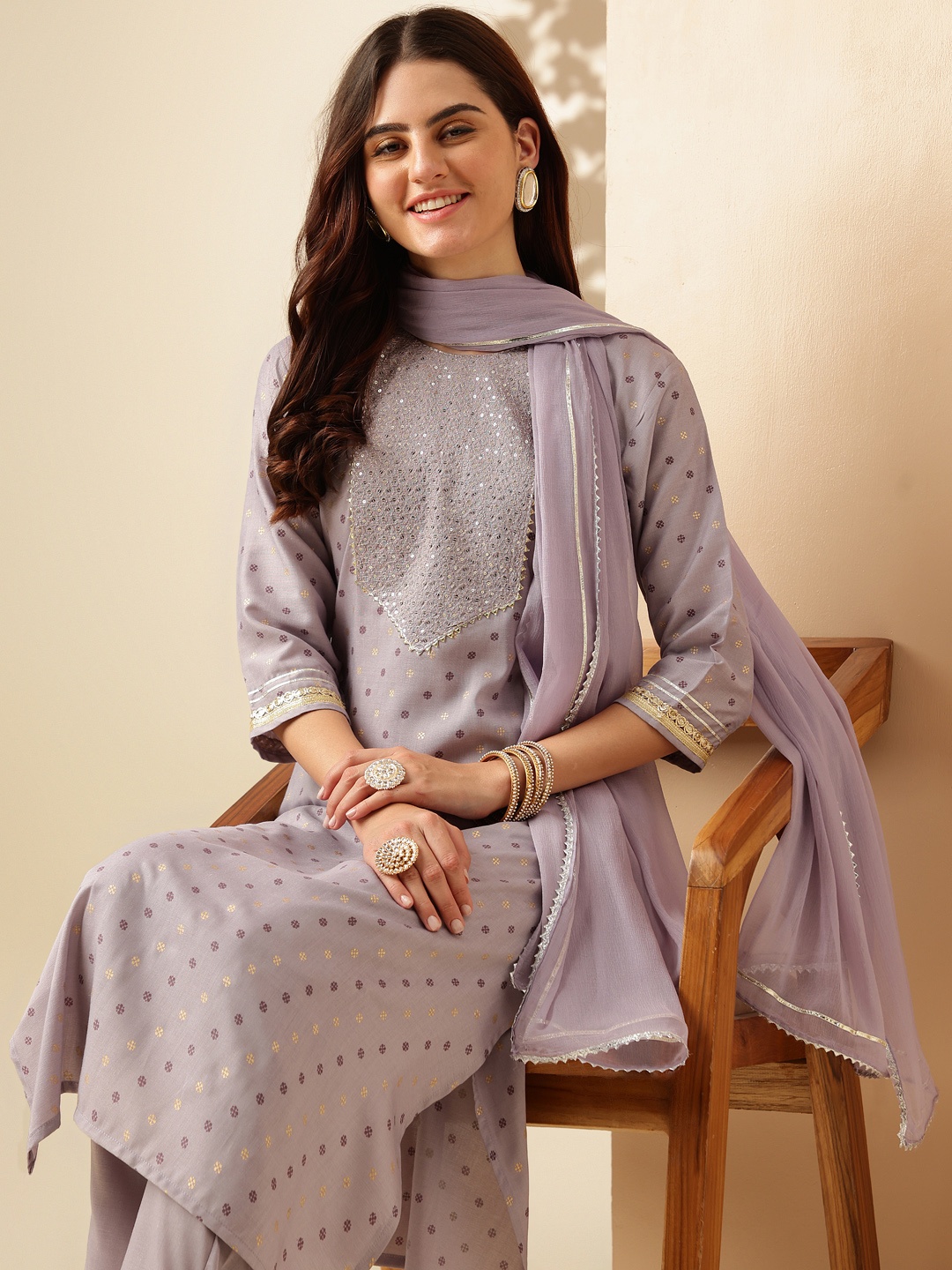 

Anouk Ethnic Motifs Embroidered Round Neck Sequinned Kurta With Trousers & Dupatta, Lavender