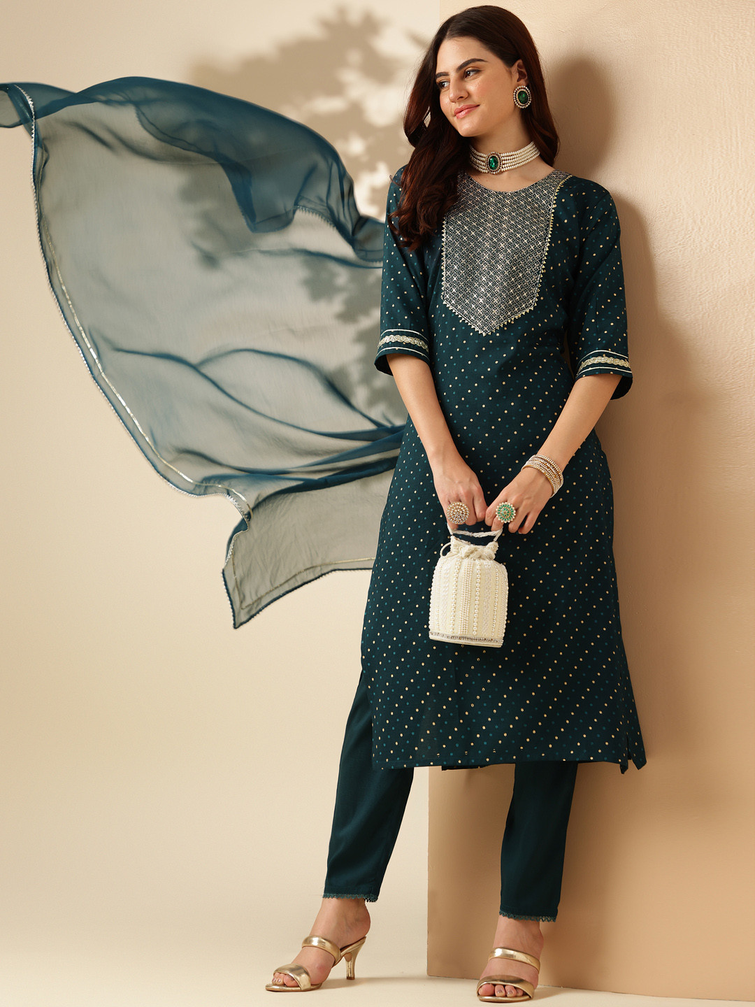 

Anouk Ethnic Motifs Embroidered Round Neck Thread Work Kurta With Trousers & Dupatta, Teal