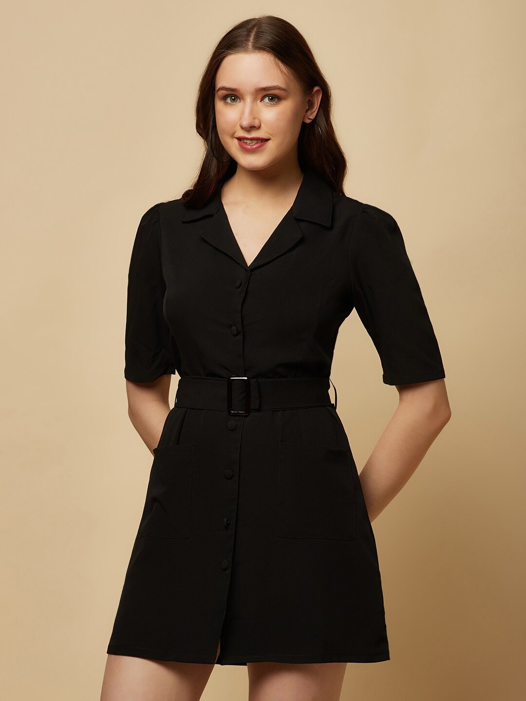 

RAASSIO Short Sleeves Straight Fit Crepe Shirt Dress, Black