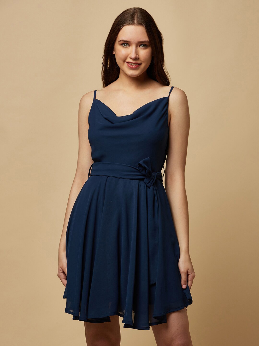 

RAASSIO Solid Georgette Fit & Flare Dress, Blue