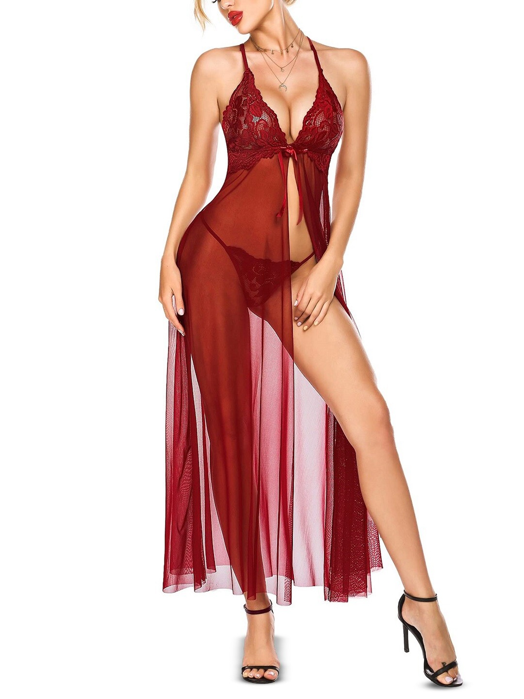 

CareDone Self Design Shoulder Straps Lace Maxi Baby Doll, Maroon