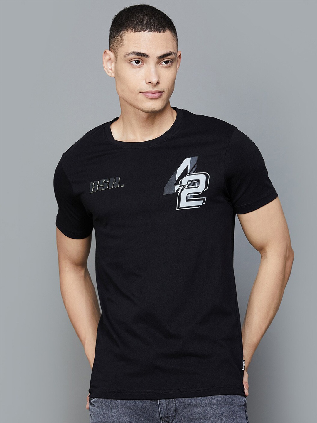 Bossini Typography Printed Cotton T-shirt, Black