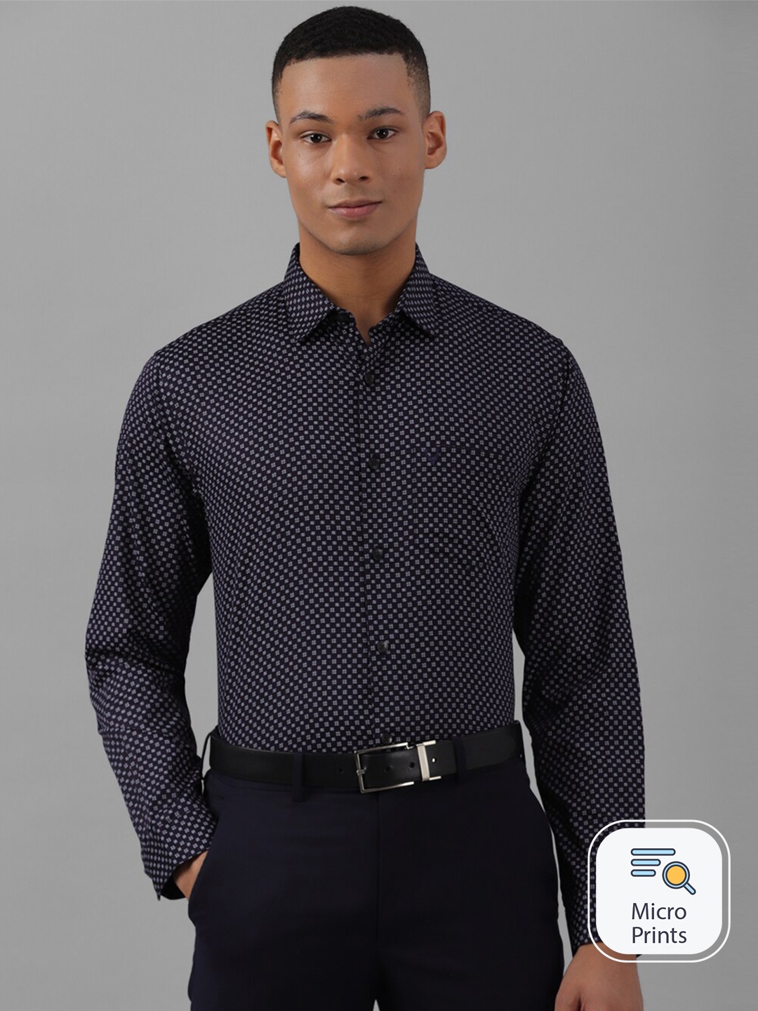 

Allen Solly Slim Fit Printed Spread Collar Long Sleeves Cotton Formal Shirt, Navy blue