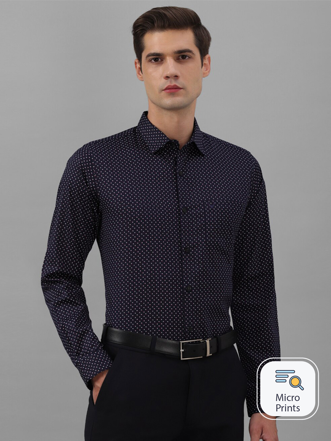 

Allen Solly Micro Ditsy Cotton Spread Collar Slim Fit Curved Printed Formal Shirt, Navy blue