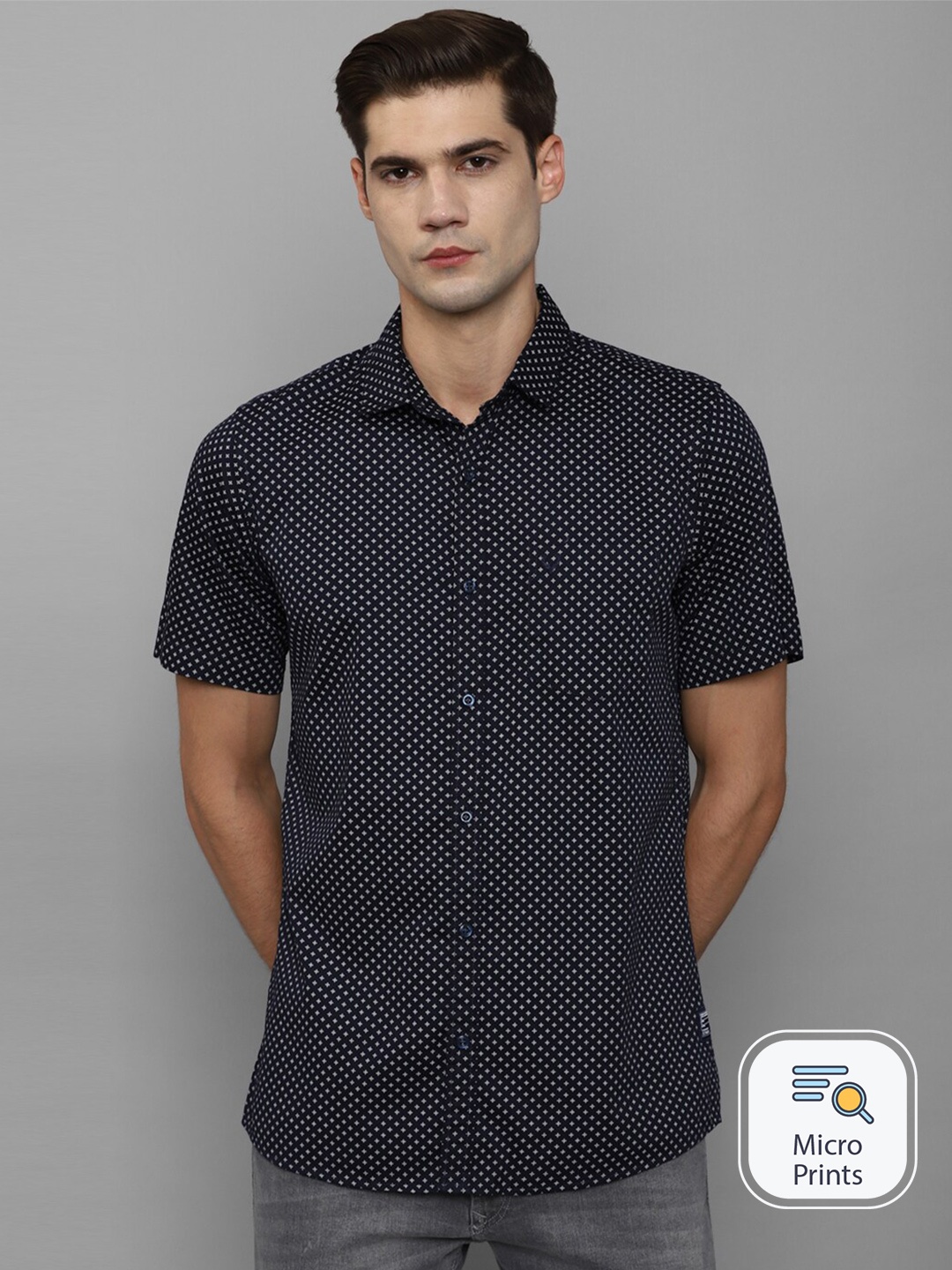 

Allen Solly Regular Fit Micro Ditsy Printed Short Sleeves Cotton Casual Shirt, Navy blue