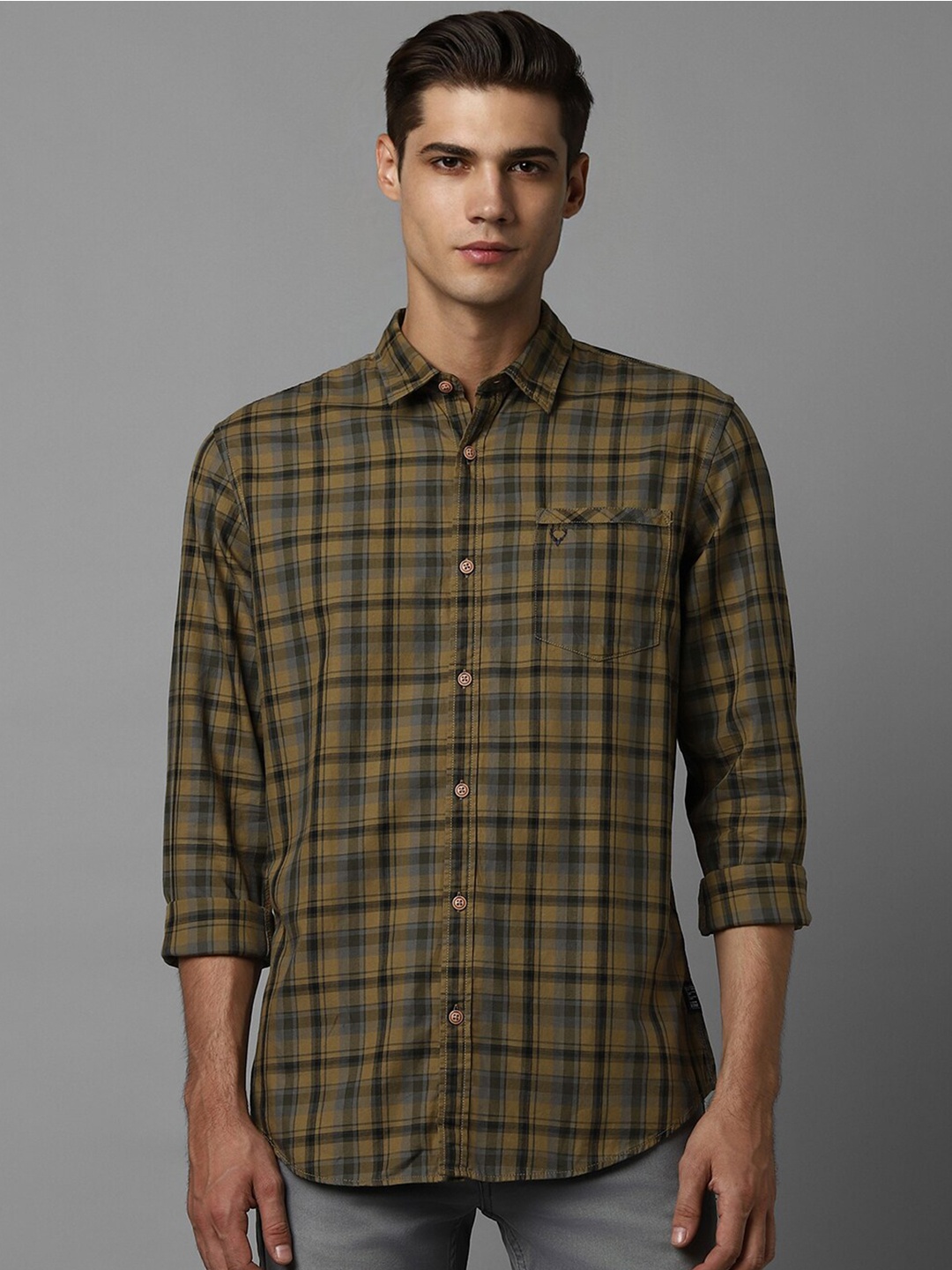 

Allen Solly Other Checks Cotton Spread Collar Slim Fit Curved Casual Shirt, Olive