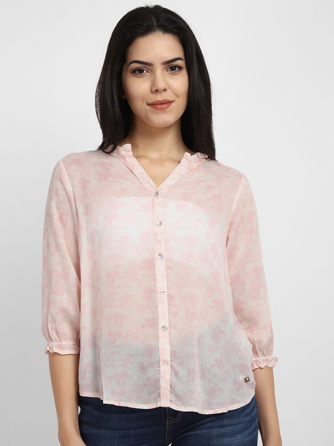 

Allen Solly Woman Abstract Printed Mandarin Collar Curved Regular Fit Casual Shirt, Pink