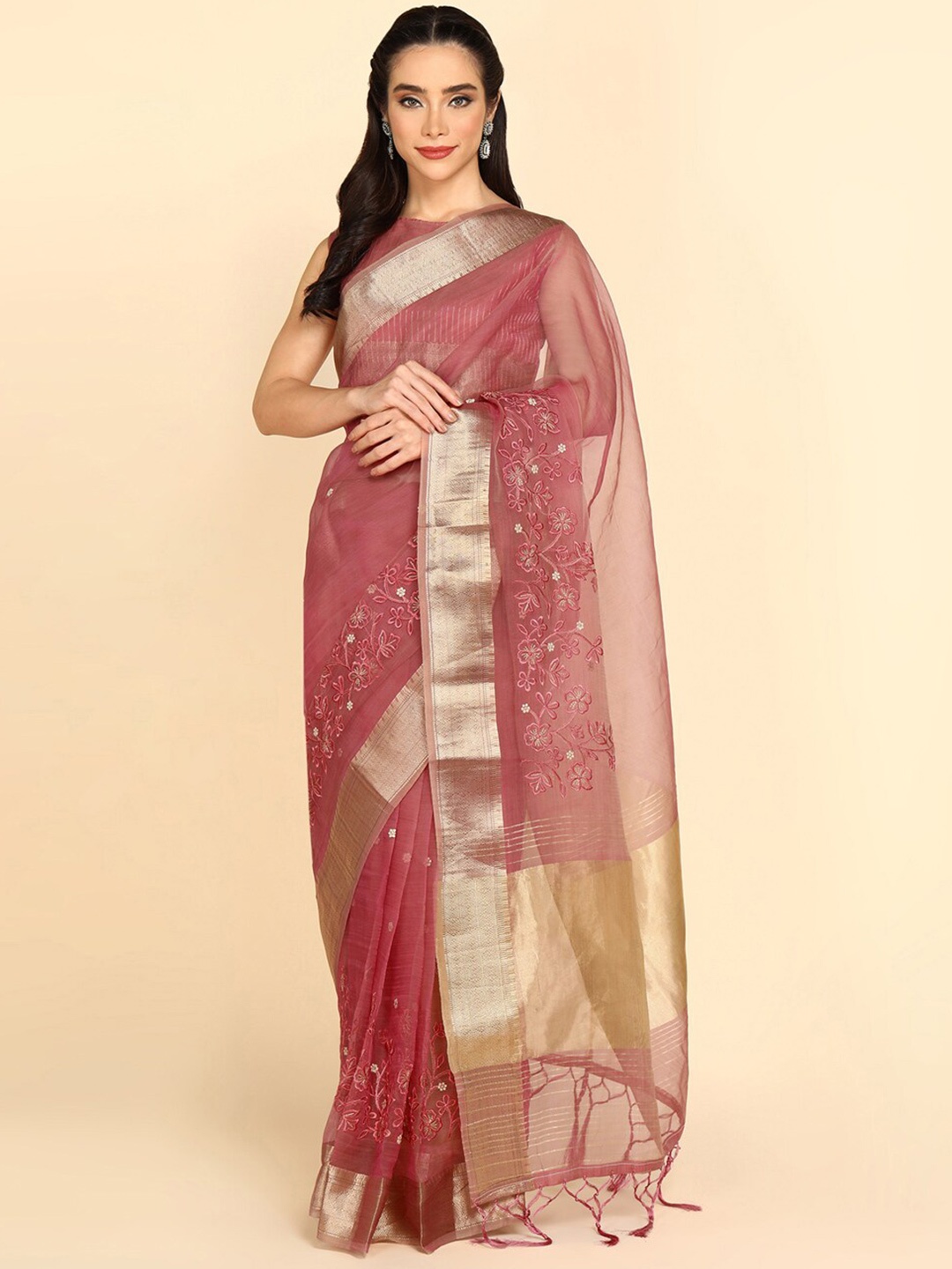 

PATLANI STYLE Floral Embroidered Zari Organza Saree, Pink