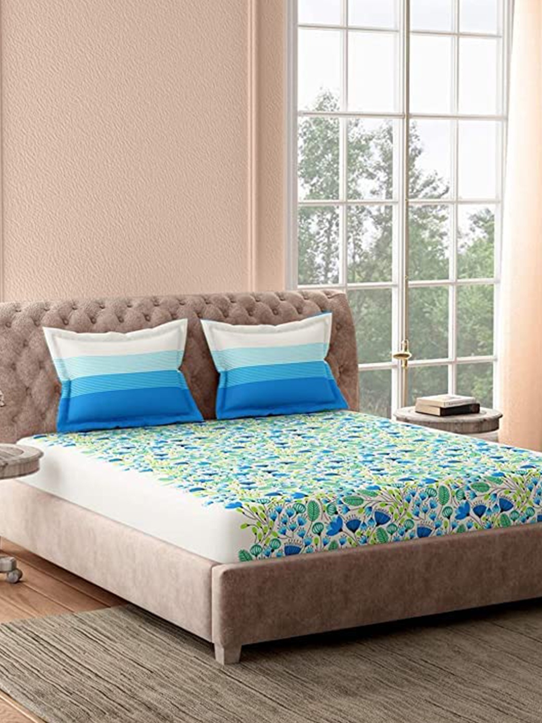 Portico White & Green Floral Printed 180 TC King Bedsheet Set