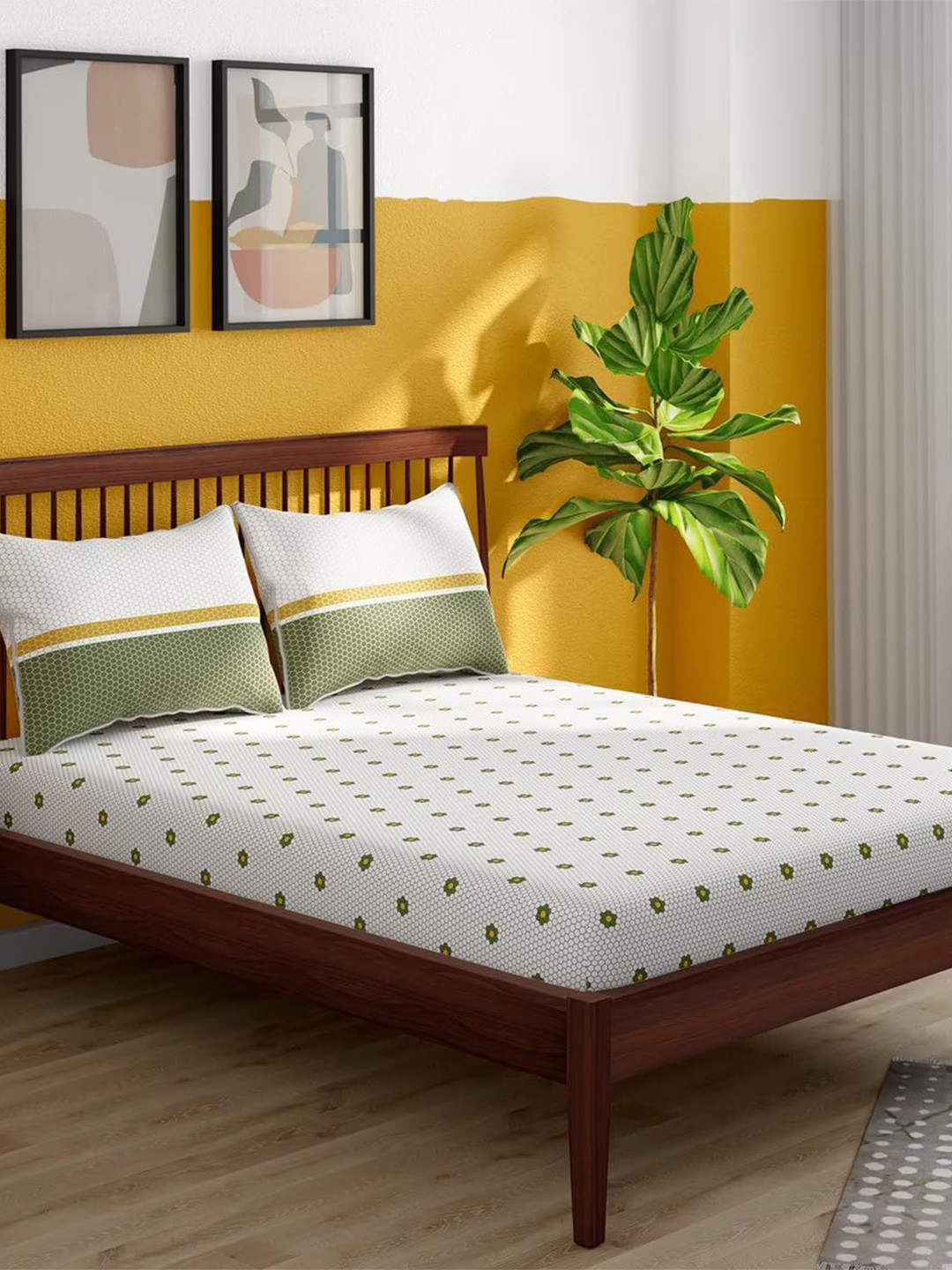 

Portico White & Green Floral Printed 180 TC King Bedsheet Set