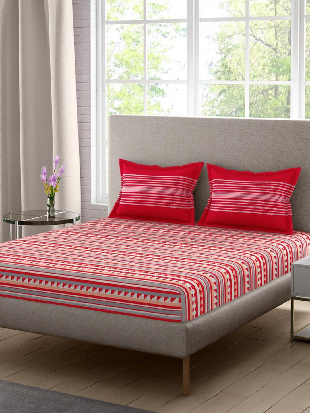 

Portico White & Red Geometric Print 180 TC King Bedsheet Set
