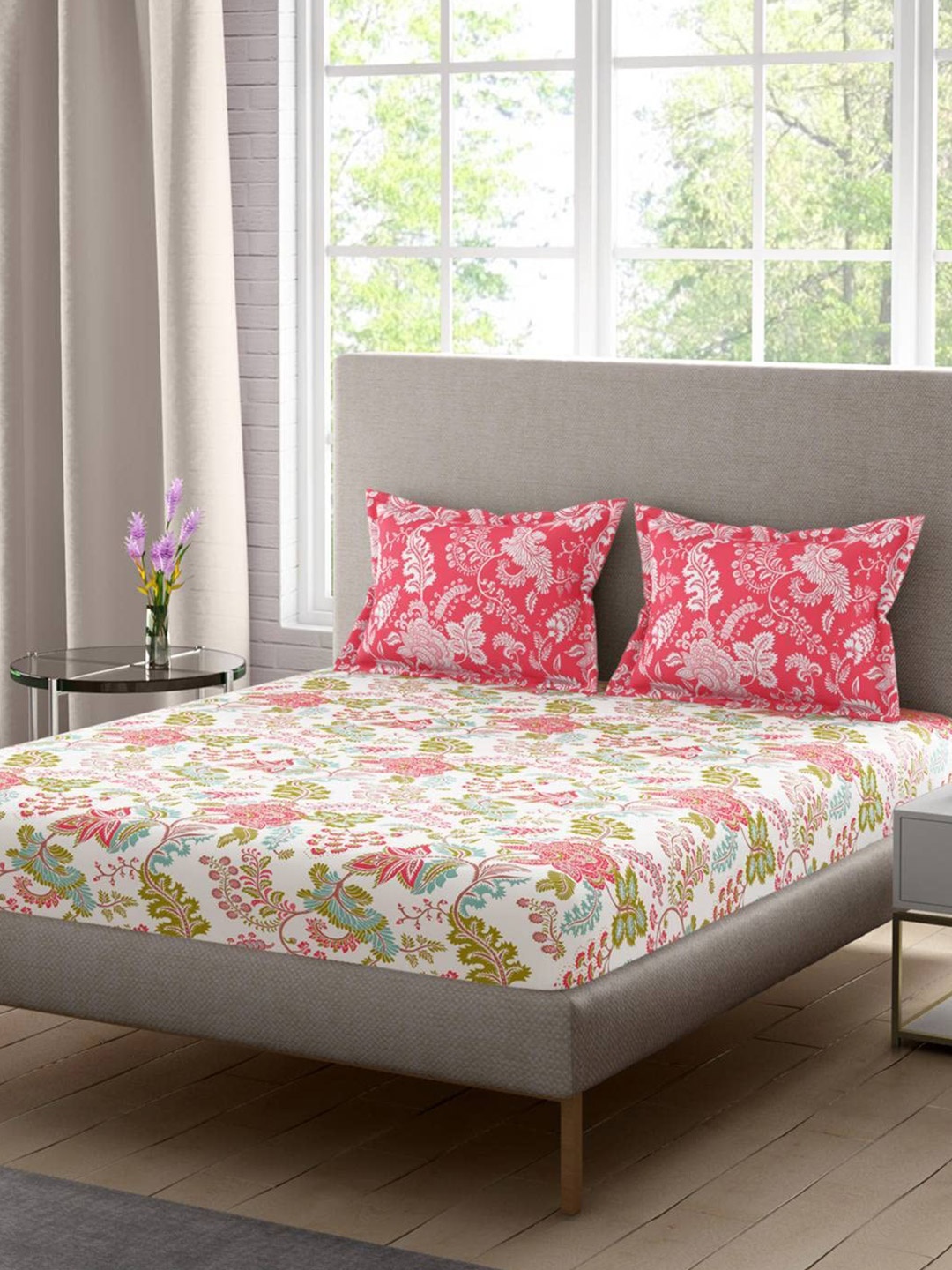 

Portico White & Pink Floral Printed 180 TC King Bedsheet Set