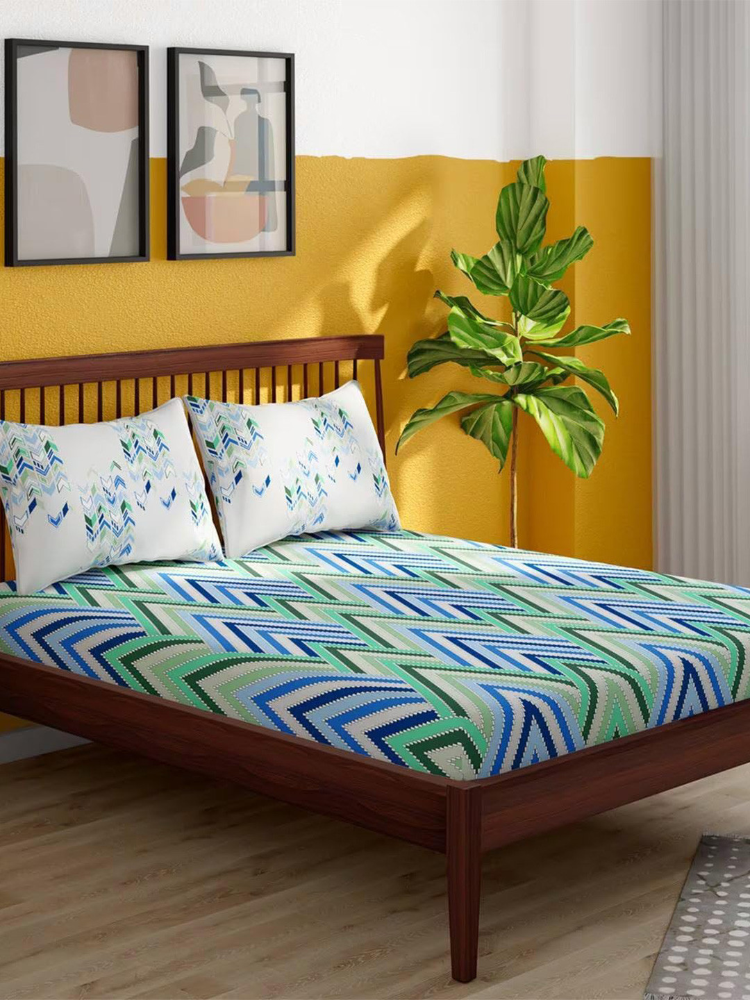 

Portico White & Blue Geometric Print 180 TC King Bedsheet Set