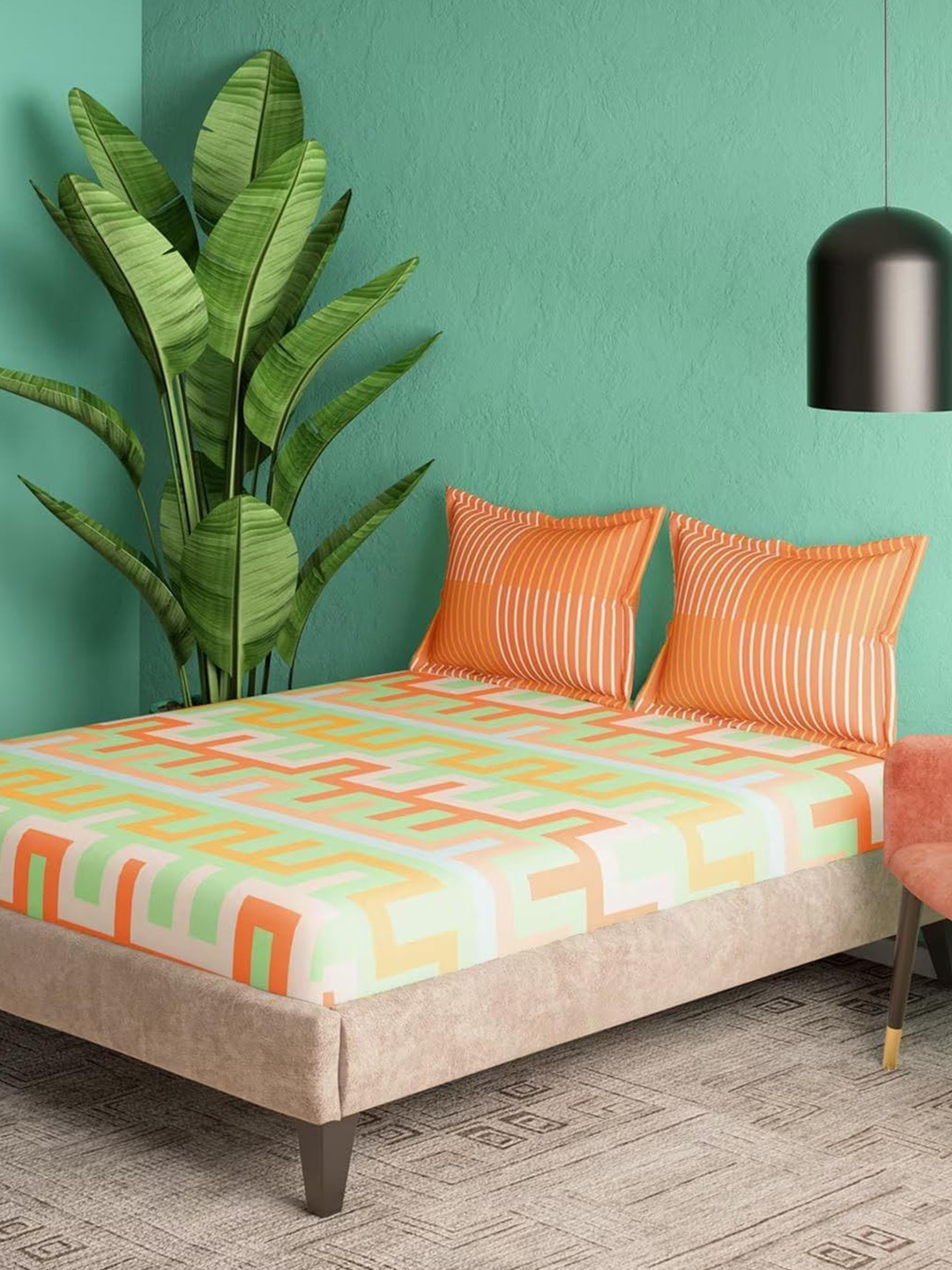 

Portico Green & Orange Geometric Print 180 TC King Bedsheet Set