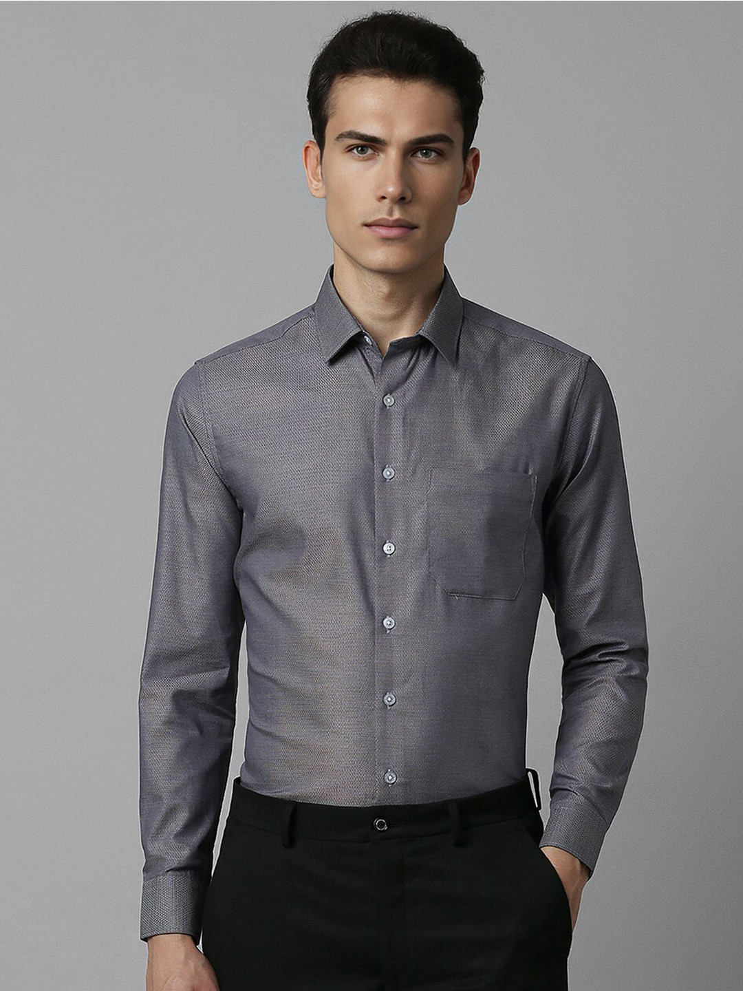 

Louis Philippe Self Design Cotton Spread Collar Slim Fit Curved Formal Shirt, Grey