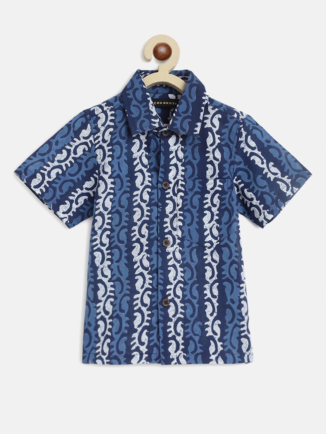 

charkhee Boys Smart Opaque Ethnic Motif Block Printed Cotton Shirt, Blue