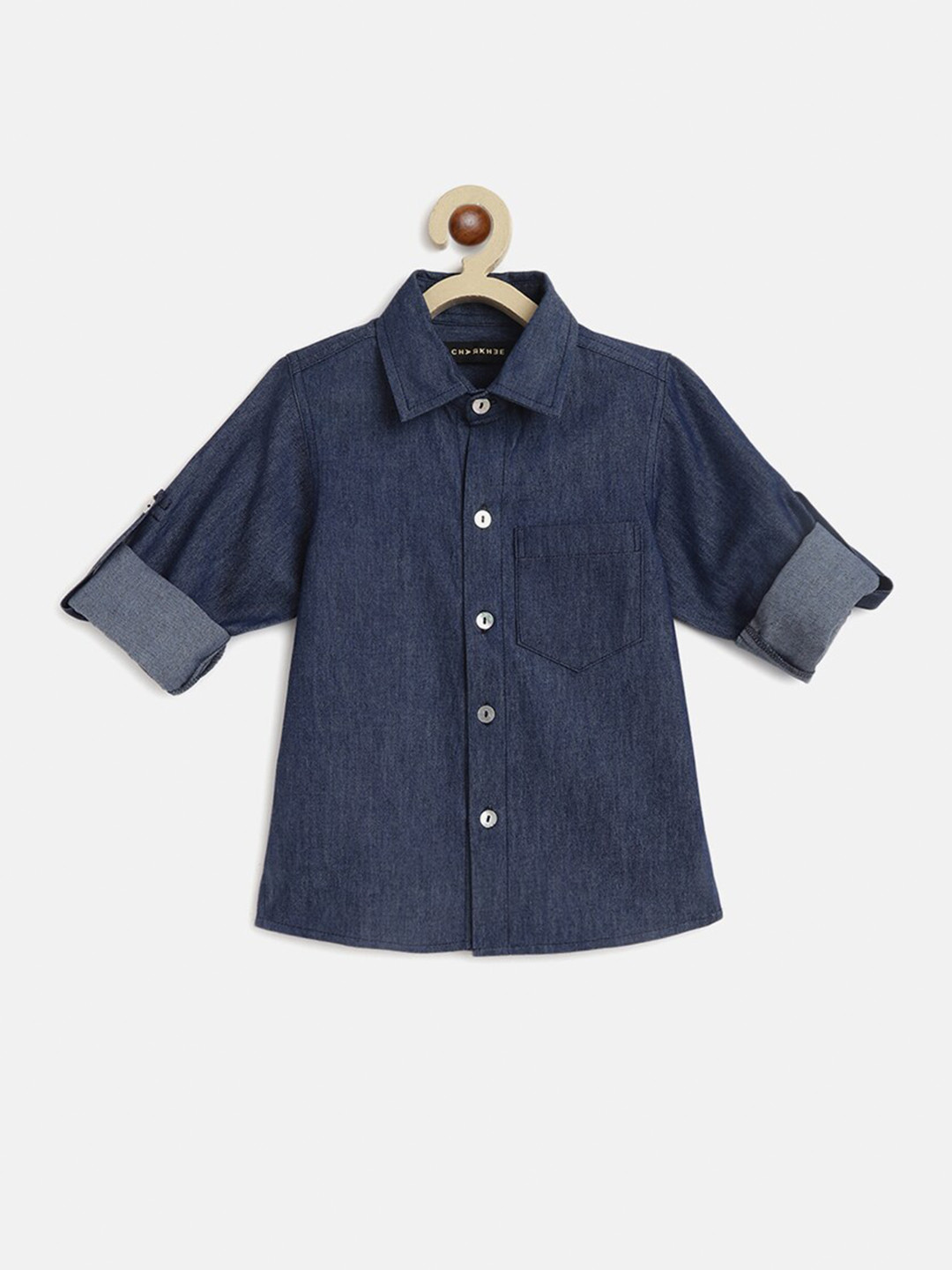 

charkhee Boys Smart Opaque Roll Up Sleeves Denim Shirt, Navy blue