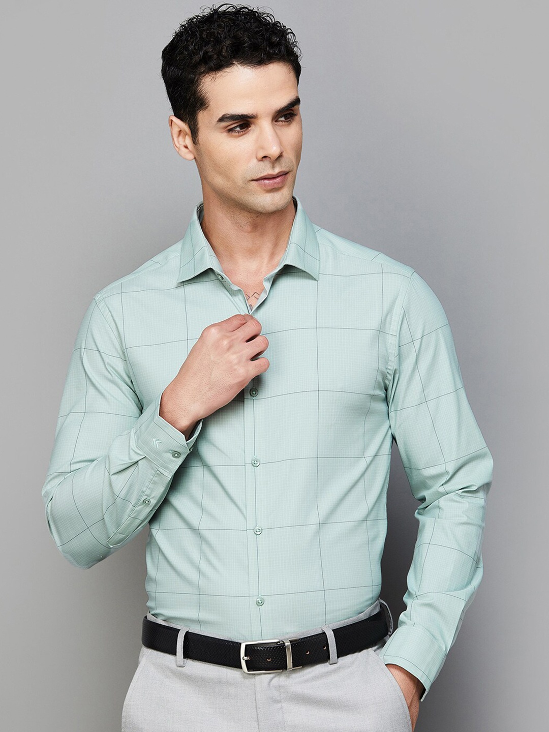 

CODE by Lifestyle Windowpane Checked Slim Fit Opaque Formal Shirt, Sea green