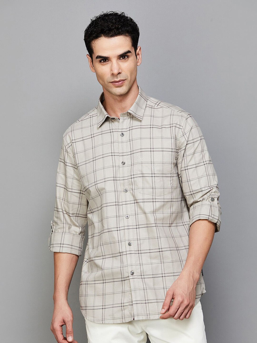 

CODE by Lifestyle Tartan Checked Cotton Slim Fit Opaque Casual Shirt, Beige