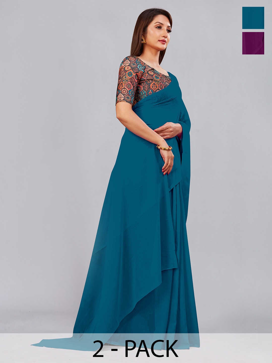 

CastilloFab Selection Of 2 Pure Georgette Saree, Teal
