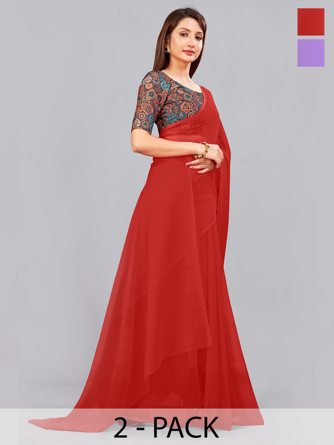 

CastilloFab Selection Of 2 Pure Georgette Saree, Red