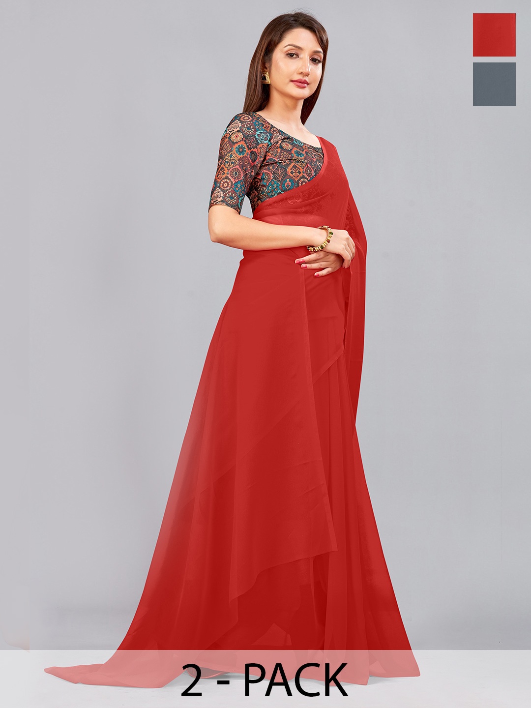 

CastilloFab Pure Georgette Saree, Red