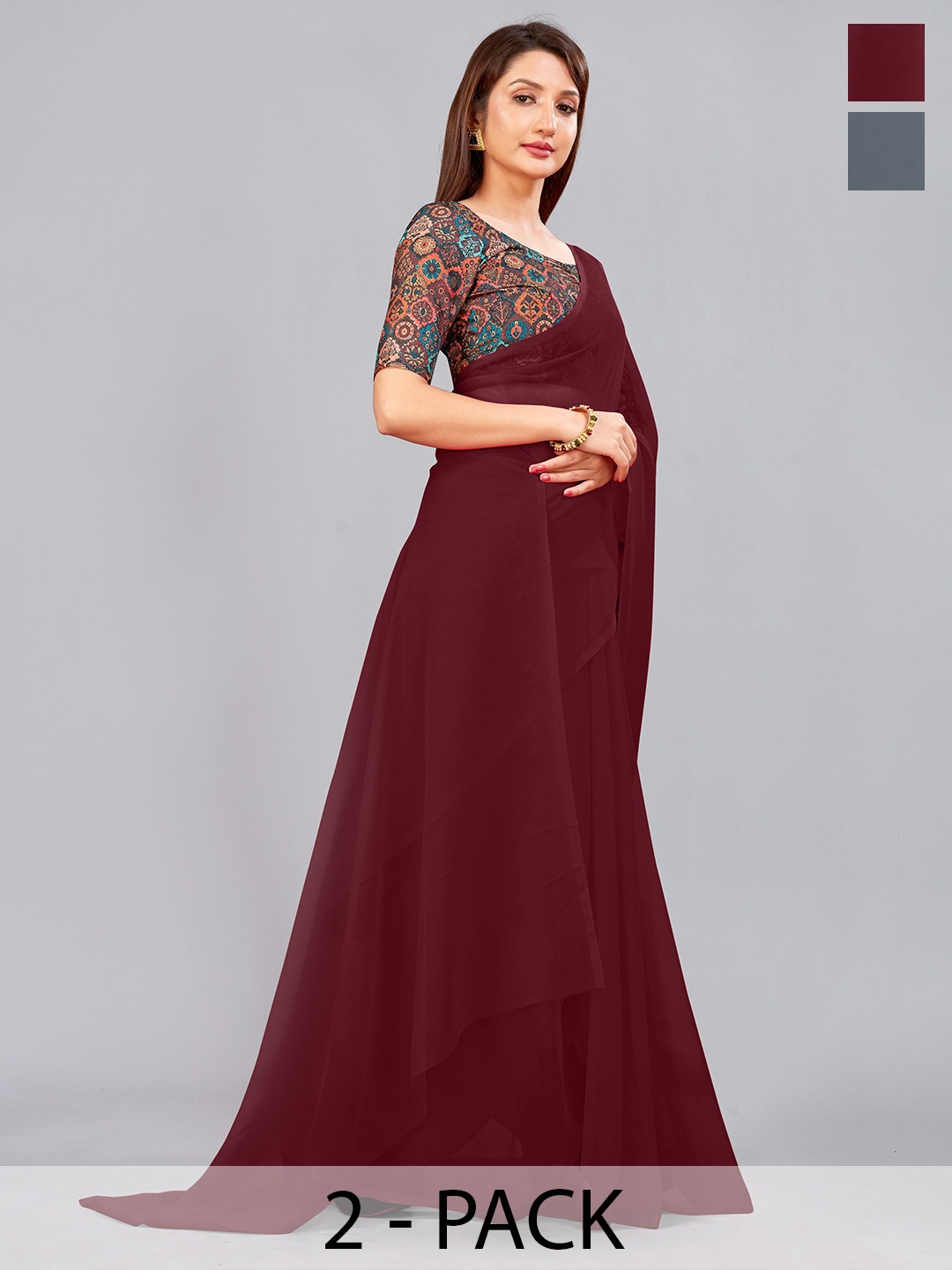 

CastilloFab Selection Of 2 Pure Georgette Sarees, Maroon