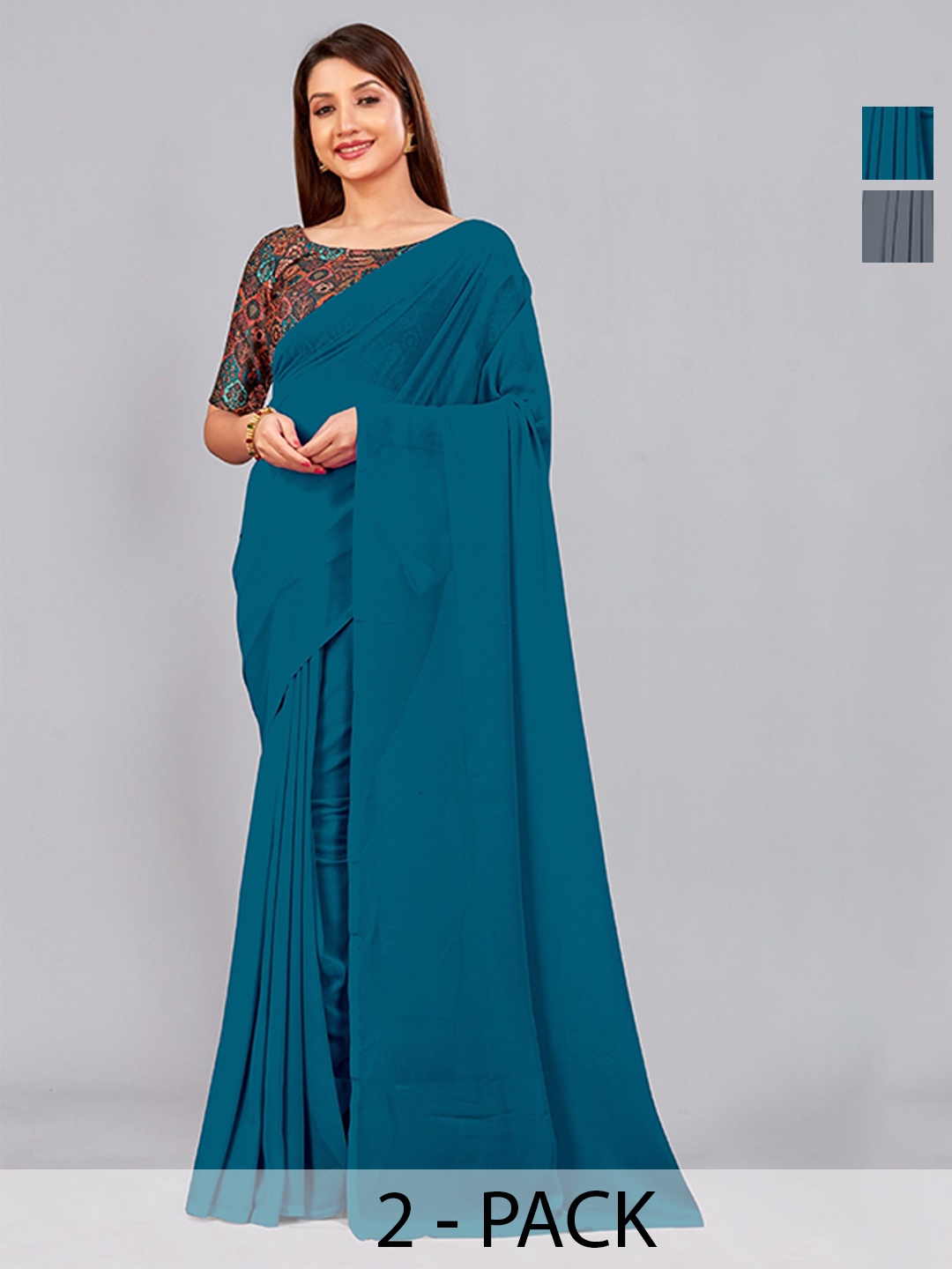 

CastilloFab Selection Of 2 Pure Georgette Saree, Teal