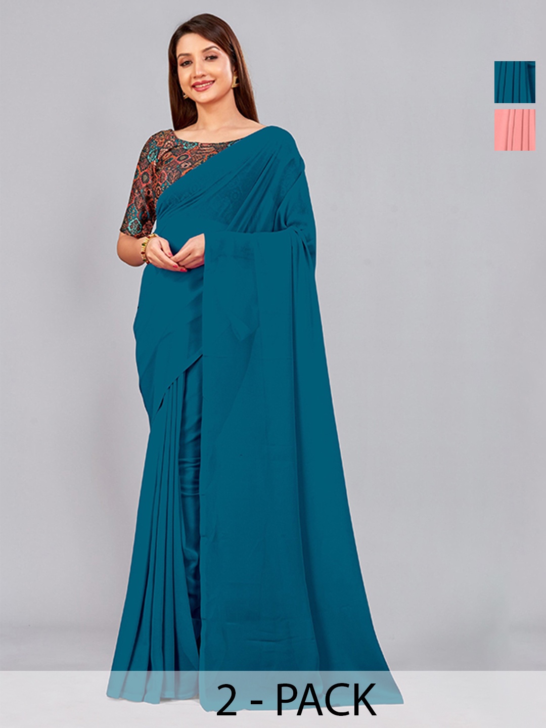 

CastilloFab Pack Of 2 Pure Georgette Saree, Teal