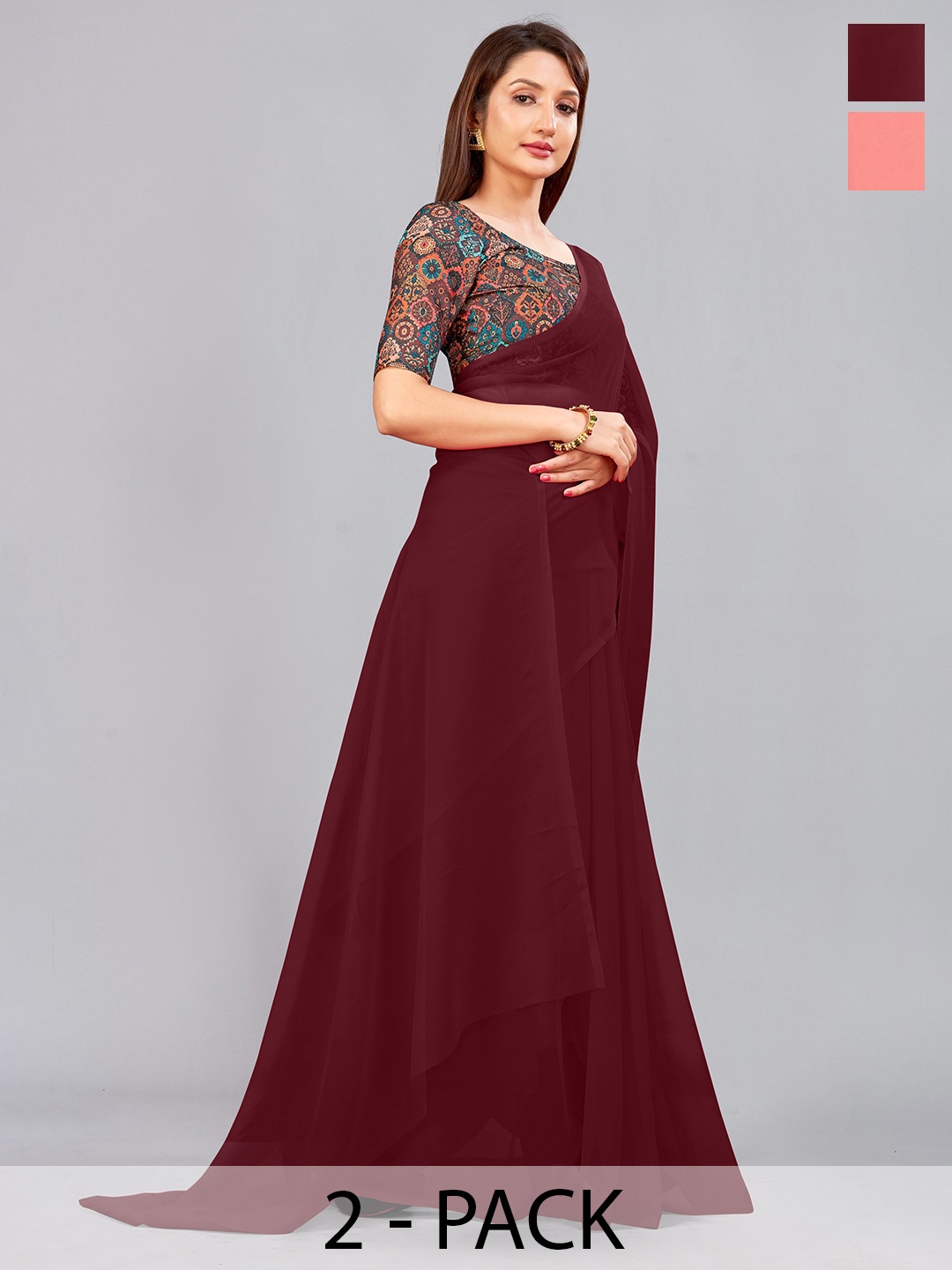 

CastilloFab Selection Of 2 Ethnic Pure Georgette Sarees, Maroon
