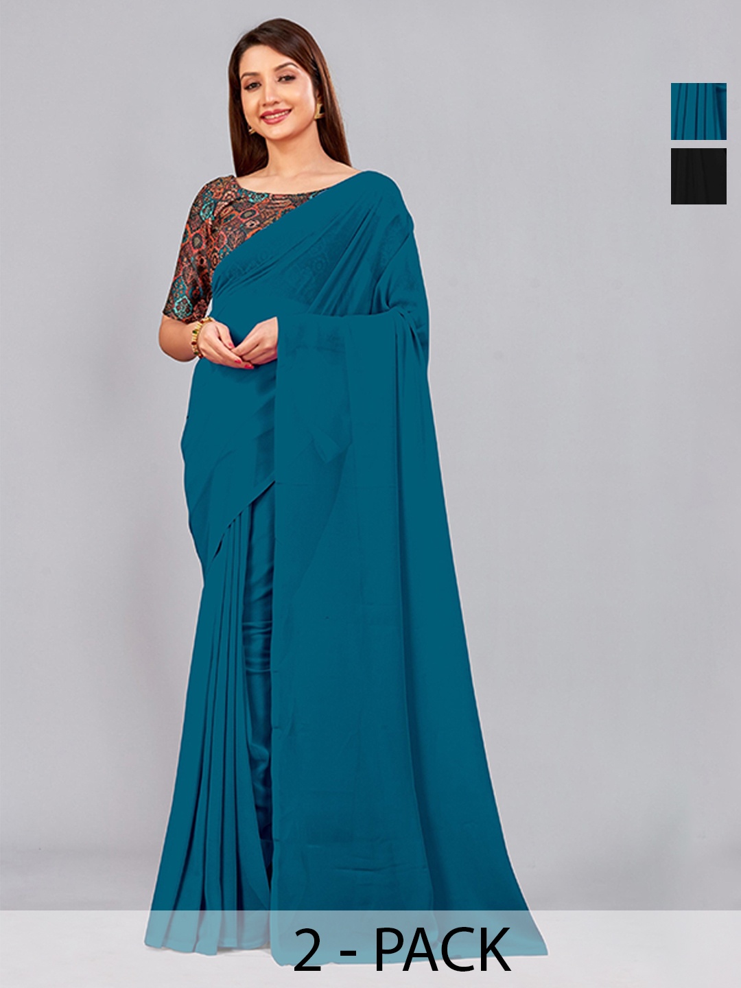 

CastilloFab Selection Of 2 Pure Georgette Saree, Teal