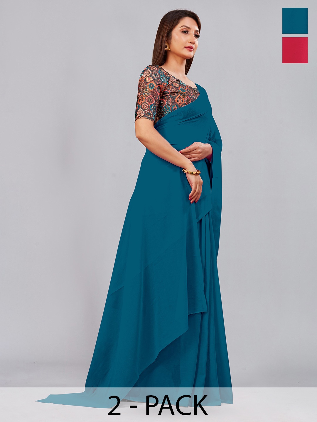 

CastilloFab Pack Of 2 Pure Georgette Saree, Teal
