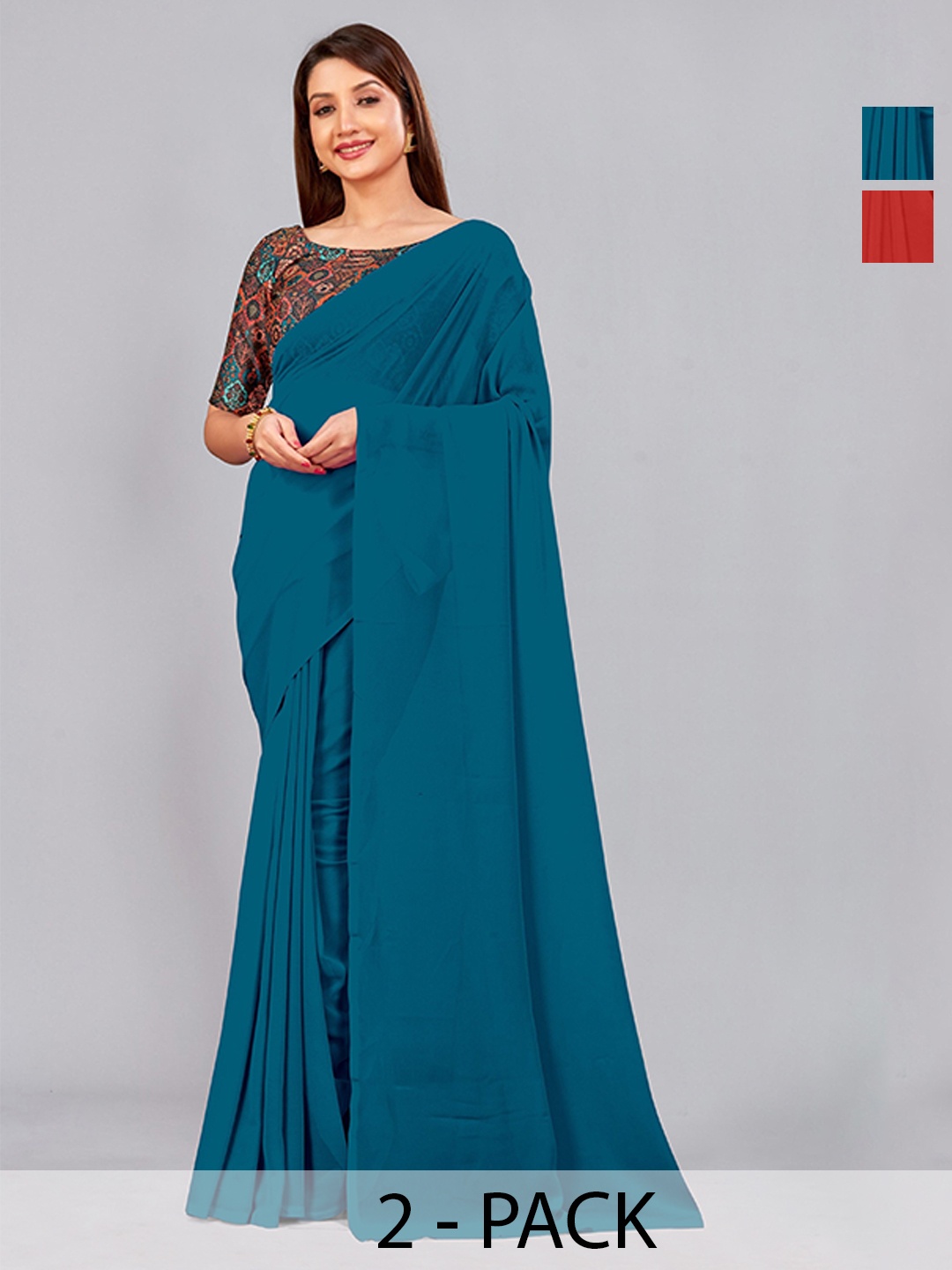 

CastilloFab Pack Of 2 Pure Georgette Saree, Teal