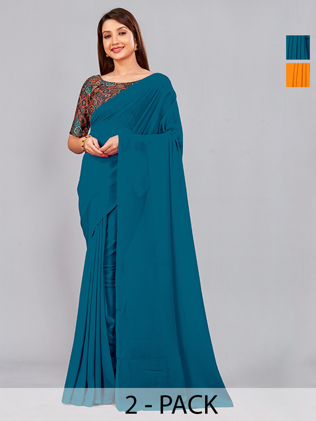 

CastilloFab Selection of 2 Pure Georgette Sarees, Teal